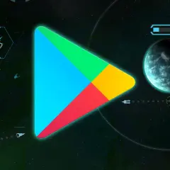 Kosmiczna podróż po fajne gry na tablet. Logo Google Play na tle planet i statków kosmicznych.