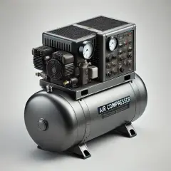Un compresor de aire metálico con tanque y panel de control.
