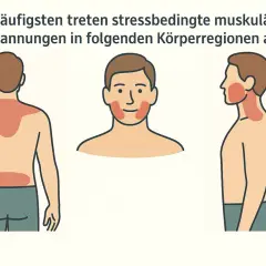 Osteopathie bei Verspannungen: Illustrationen zeigen häufig betroffene Körperregionen wie Nacken, Schultern, Rücken und Kiefer.