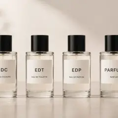 Cztery eleganckie flakoniki z płynem: EDC, EDT, EDP i PARFUM. Każdy z nich to inny rodzaj perfum, gotowy otulić zapachem.