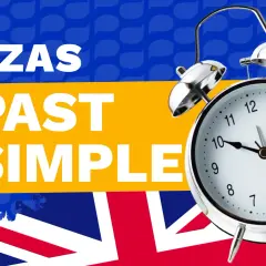 Budzik obok napisu "CZAS PAST SIMPLE" przypomina o nauce słówek w czasie przeszłym.