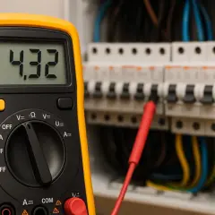 Żółty multimetr pokazuje 4.32, mierząc natężenie prądu w skrzynce z bezpiecznikami.