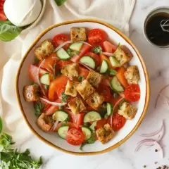 Frischer Panzanella-Salat mit Tomaten, Gurken, Zwiebeln und knusprigen Croutons. Ein leichtes und leckeres Rezept für den Sommer.