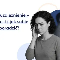 Kobieta z ręką na skroni, zmagająca się z problemem współuzależnienia. Obok niej sylwetka mężczyzny, symbolizująca trudne relacje.