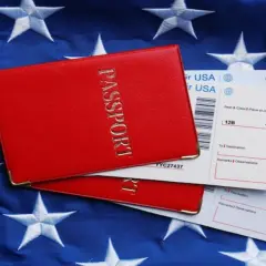Czerwony paszport i bilety lotnicze na tle flagi USA. Zastanawiasz się, ile kosztuje bilet do USA w dwie strony?