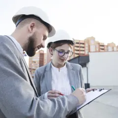 Deux ingénieurs, casques blancs, discutent d'un document sur un chantier. L'un signe, peut-être un modèle attestation employeur.