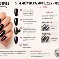 Hybryda krok po kroku: nałóż lakier, top no-wipe, wcieraj pył chromowy, kolejny top no-wipe. Efekt lustra w domu!
