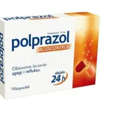 Opakowanie leku Polprazol 10 mg, 14 kapsułek, na zgagę i refluks. Działa 24h.