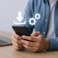 Mężczyzna trzyma smartfon, na którym widnieje ikona pobierania i kółka zębate, symbolizujące aktualizację iPhone'a.