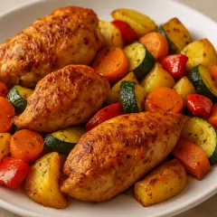 Soczyste piersi z kurczaka z airfryer, podane z pieczonymi ziemniakami, marchewką, cukinią i papryką. Pyszny i zdrowy obiad.