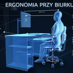 Ergonomiczne biurko do pracy przy komputerze z monitorem na odpowiedniej wysokości i odległości. Fotel z regulacją i obrotem 360 stopni.