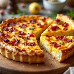 Une quiche lorraine gourmande, dorée et appétissante, avec des lardons croustillants sur son appareil crémeux. Parfaite pour un repas savoureux.