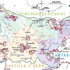 Mapa de rutas por los Picos de Europa, mostrando senderos y puntos de interés.