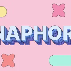 Texte "ANAPHORA" en 3D stylisé, entouré de formes géométriques colorées sur fond rose. Un exemple d'anaphore visuelle.