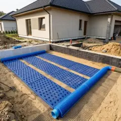 Budowa domu: montaż drenażu fundamentowego z mat drenażowych. GWC co to? To system wentylacji mechanicznej z odzyskiem ciepła.