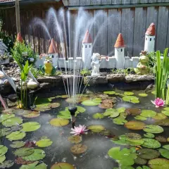 Un bassin avec nénuphars, fontaine et décorations de château. Idéal pour fabriquer cache filtre bassin.