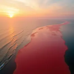 Zachód słońca nad oceanem, gdzie woda przybiera intensywnie różowy kolor. Tak wyglądają sinice, tworząc niezwykły krajobraz.