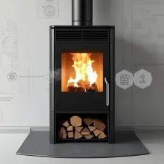 Schwarzer Kaminofen mit brennendem Holz, daneben technische Zeichnungen. Ein Symbol deutet auf die lange Lebensdauer des Kaminofens hin.