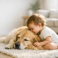 Bambino abbraccia un cane dorato, un'immagine di affetto che non deve far dimenticare le possibili malattie trasmesse dai cani ai bambini.