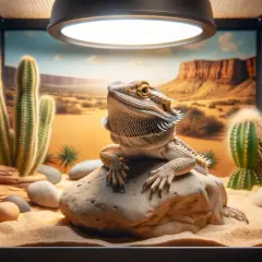 Agama brodata siedząca na kamieniu w piaskowym terrarium z kaktusami i pustynnym tłem.