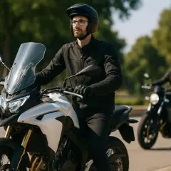 Hombre con casco y gafas en una moto blanca, listo para la aventura. Detrás, otra de las motos potentes sigue el camino.