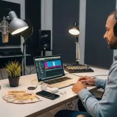 Un musicien travaille dans son studio, avec des billets d'argent sur son bureau, symbolisant la rémunération Spotify par stream.