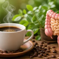 Tazza di caffè fumante accanto a un modello di intestino, con chicchi di caffè sparsi. Un'immagine che evoca il legame tra caffè e stitichezza.