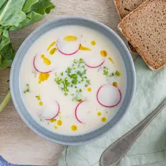 Cremige Kohlrabisuppe low carb, garniert mit Radieschenscheiben und Kresse. Dazu Vollkornbrot und ein Löffel.