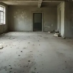 Leeres, staubiges Zimmer mit Fenstern und einer offenen Tür. Die Beton-Decke und die Wände deuten auf einen Altbau hin, der auf Renovierung wartet.