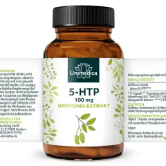 Flasche mit 90 Kapseln 5-HTP aus Griffonia-Extrakt. Die Griffonia-Wirkung wird durch die Aminosäure 5-HTP unterstützt. Vegan.