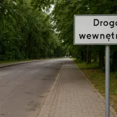 Znak "Droga wewnętrzna" przy alei drzew. Definicja drogi wewnętrznej jest jasna: to droga niepubliczna, zarządzana przez właściciela terenu.