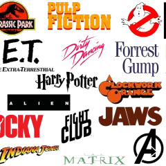 A collage of iconic movie logos, including Superman, Jurassic Park, Pulp Fiction, Ghostbusters, Scott Pilgrim vs. the World, Toy Story, Dirty Dancing, Forrest Gump, Planet of the Apes, A Clockwork Orange, Back to the Future, Alien, Rocky, Jaws, Godzill...