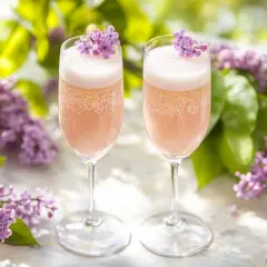 Två glas med rosa bubbel, dekorerade med syrenblommor. Perfekt för ett syrensirap recept.
