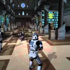 Żołnierze galaktyczni w grze Battlefront 2 PS5 walczą w bibliotece pełnej posągów i książek.