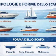 Illustrazione di diverse tipologie di barche e forme dello scafo: barca a motore, a vela, catamarano, da pesca, moto d'acqua, gommone, dislocante, planante, semi-planante, multiscafo e a V.