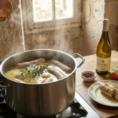 Une andouillette rotie, prête à être dégustée, mijote dans une cocotte avec des aromates. Une bouteille de vin blanc et des légumes complètent la scène.