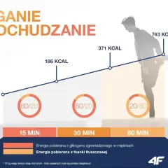 Wykres pokazuje, jak biegać żeby schudnąć: po 15 min spalisz 186 kcal, po 30 min 371 kcal, a po 60 min 743 kcal.