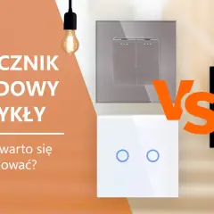 Porównanie przełącznika schodowego i zwykłego. Biały, czarny i szary przełącznik klatkowy z podświetleniem.