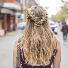 Einzigartige Frisur: Haare flechten zu einem Kranz über blondem Haar, während die Trägerin durch eine belebte Straße geht.