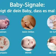 Baby-Signale: Ein Baby strampelt viel, weint, zeigt Mimik, schläft oder ist beim Stillen. So zeigt es, dass es mal muss.
