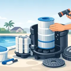 A person demonstrates how to clean a pool filter by spraying it with water. Pool, filter cartridges, brushes, and a cleaning bucket are visible.