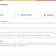 Formularz mBank do załatwiania spraw, wybór tematu "rachunki" i sprawy "wypowiedzenie umowy".