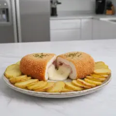 Un delicioso cordon bleu de pollo, cortado por la mitad, con queso fundido desbordándose, servido con patatas fritas en rodajas.