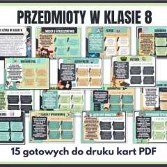 Przedmioty w 8 klasie: matematyka, fizyka, historia, geografia, język polski, chemia, biologia, informatyka, wychowanie fizyczne, religia/etyka, zajęcia z wychowawcą, język obcy.