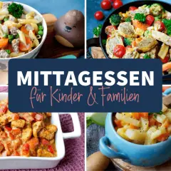 Vier leckere Gerichte, die sich perfekt für kinder rezepte eignen: Nudeln mit Hackfleisch, gebratene Wurst mit Gemüse, Hähnchen-Curry und Kartoffel-Karotten-Eintopf.
