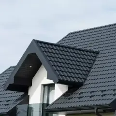 Nowoczesny dom z falistym, czarnym dachem i kominem.