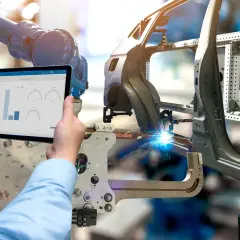Ein Roboter schweißt ein Autoteil, während ein Mensch auf einem Tablet die Produktionsdaten prüft. Was ist eine BOM? Hier wird sie digital verwaltet.