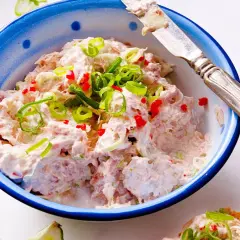 Cremiger Thunfisch-Dip mit Frühlingszwiebeln und Chili, garniert auf Brot.