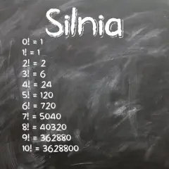 Na tablicy napisano "Silnia" i przykłady obliczeń: 0!=1, 1!=1, 2!=2, 3!=6, 4!=24, 5!=120, 6!=720, 7!=5040, 8!=40320, 9!=362880, 10!=3628800.