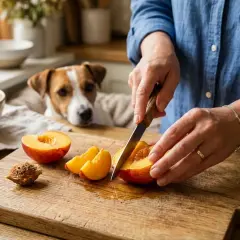 A person cuts nectarines on a wooden board, while a Jack Russell terrier watches, perhaps wondering if dogs have nectarines.